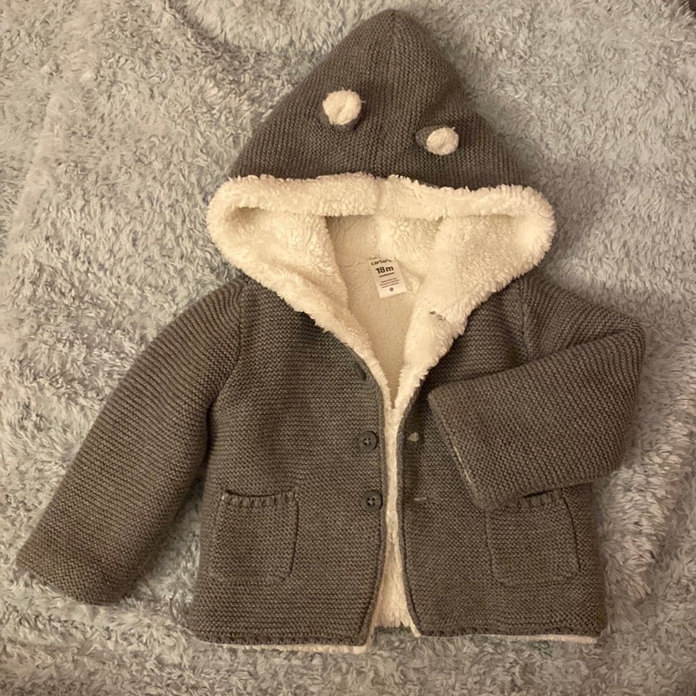 Carters,unisex,18 month, gray and white button up Sherpa lined cardigan.